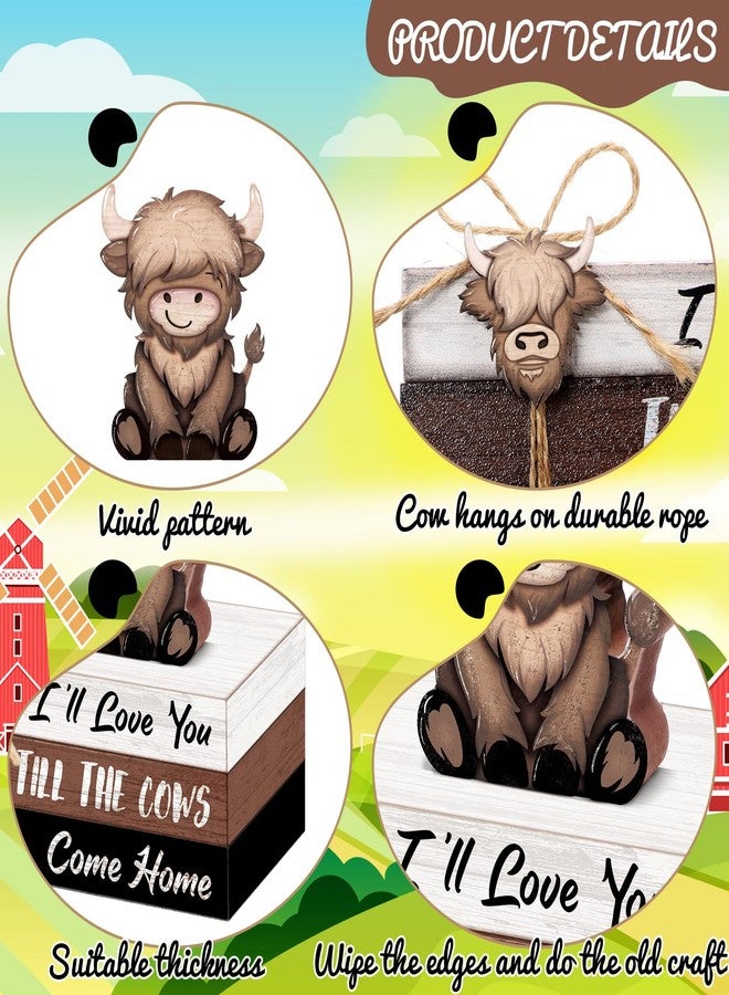 Anglechic 4 Pcs Highland Cow Wood Book Stacks Decor Highland Cow Wooden Tiered Tray Decor Rustic Table Centerpiece Block Signs Christmas Decorations for Home Dining Table Mantel Shelf - Image 5